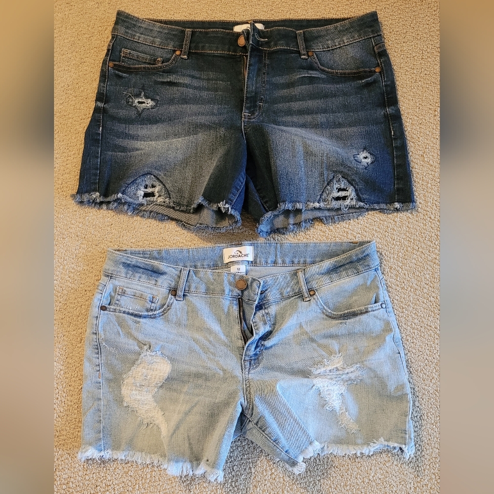 2pr Dark/Light Blue Distressed Jean Shorts